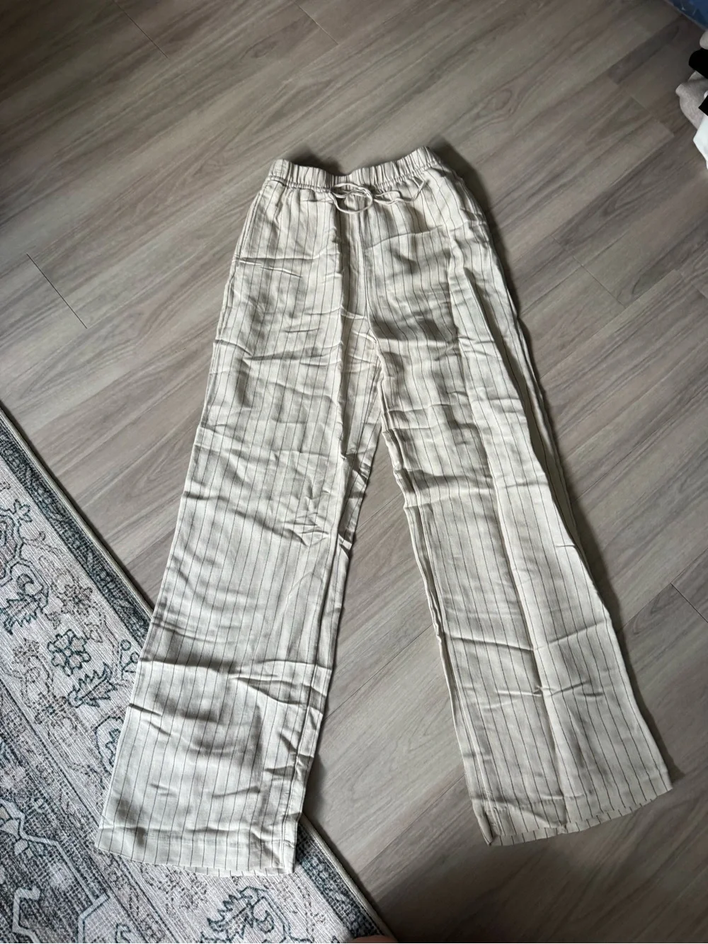 Light Cream Striped Wide-Leg Drawstring Linen Pants